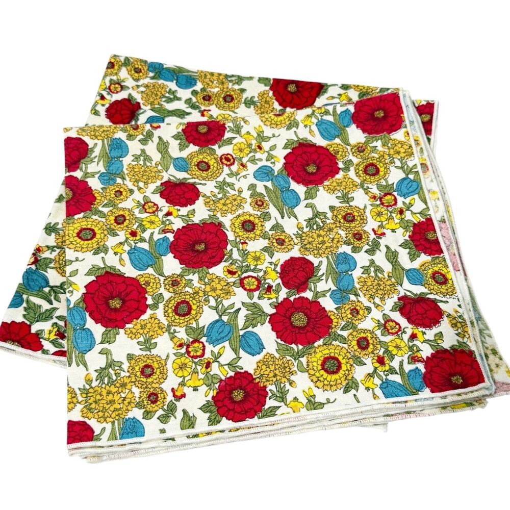 5 Vtg Floral All Over Print Cloth Napkins Red Yellow Blue Liberty Fabrics Style